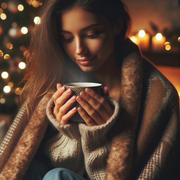 Cozy Christmas Tea: Person Wrapped in Blanket with Festive Decor