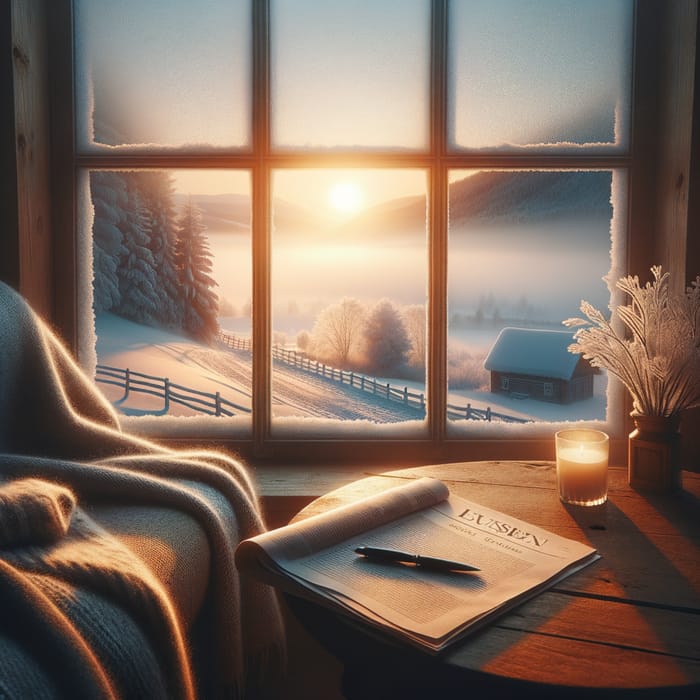 Peaceful Morning Scene: Sunrise Through Frosted Window Over Snowy Landscape