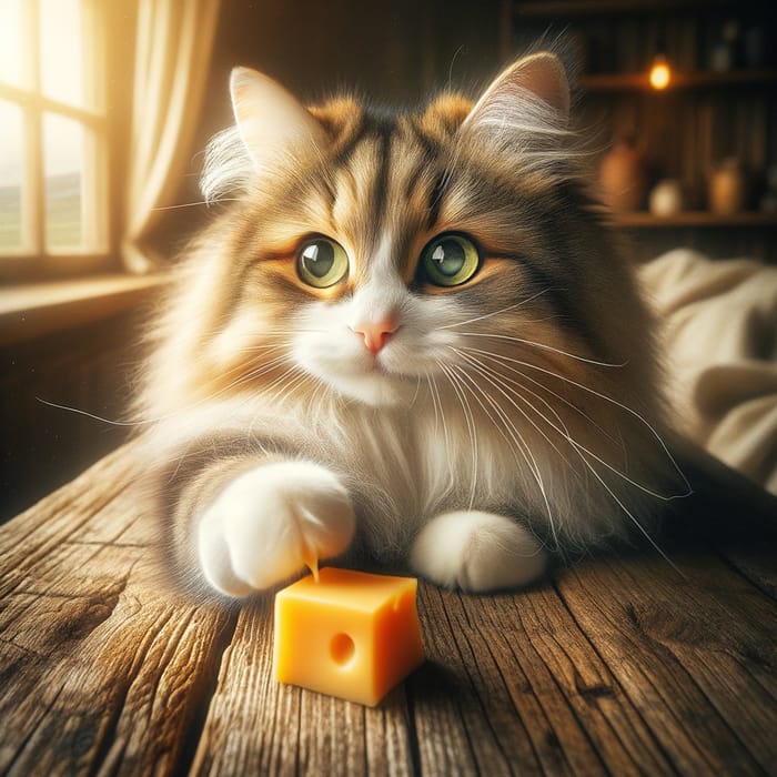 Captivating Cat Eating Cheese on Wooden Table