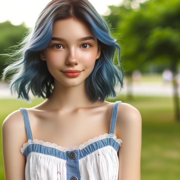 Lena from 'Everlasting Summer' - Blue Haired Young Woman in White Sundress, AI Art Generator