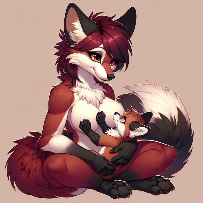 Furry Anthro Female Fox and Cub Lactating Illustration