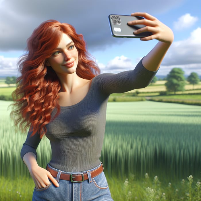 Realistic Redhead Woman Selfie in Countryside | Serene Field Scene