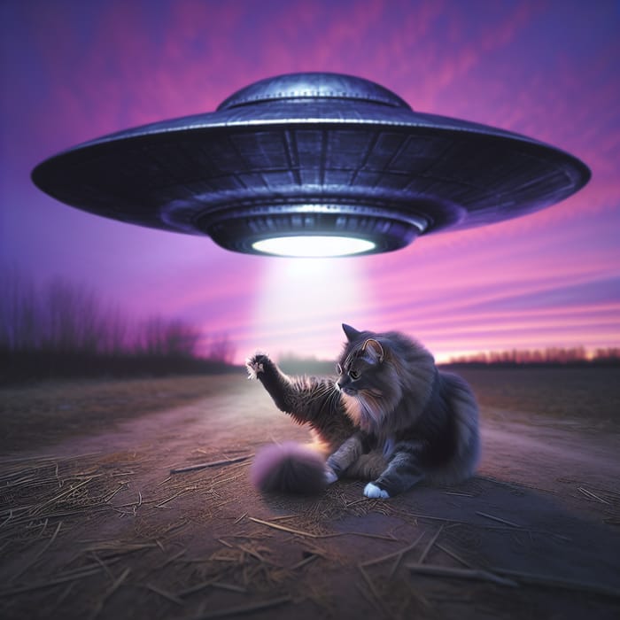 Curious Cat Encounters UFO at Twilight - Unusual Scene