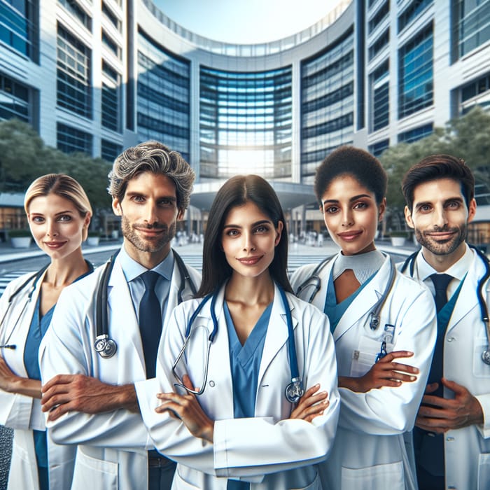 Professional Medical Team in Front of Modern Hospital Building