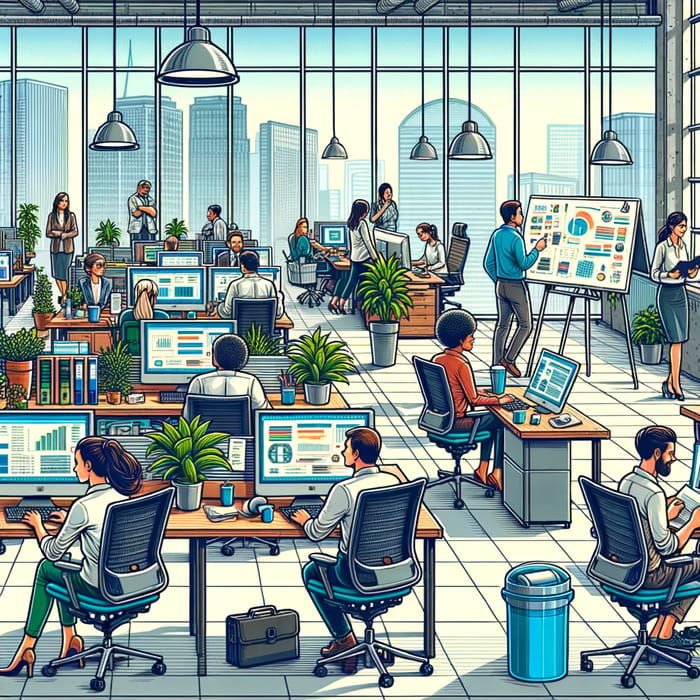 Intricately Detailed Vibrant Cartoon Office Scene on A4 Paper