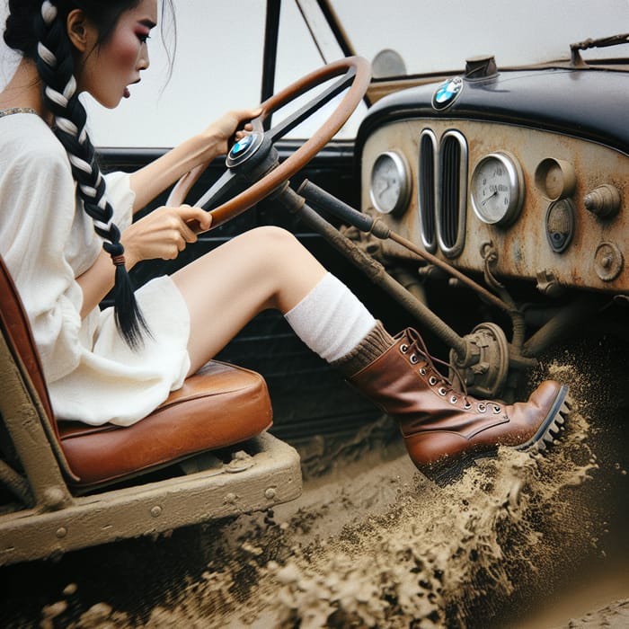 Woman Driving Vintage BMW in Brown Boots Through Deep Mud