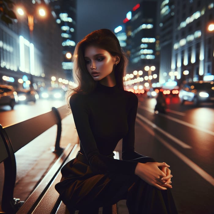 Tranquil White Girl Amid Urban Nightlife | Black Attire Elegance