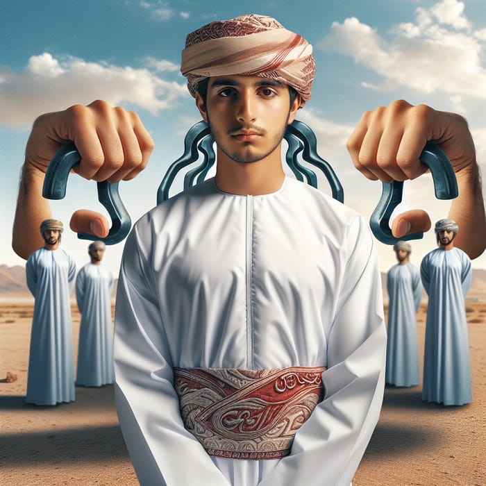 Omani Man with Hand Grip Head in Desert | Surreal Symbol of Strength