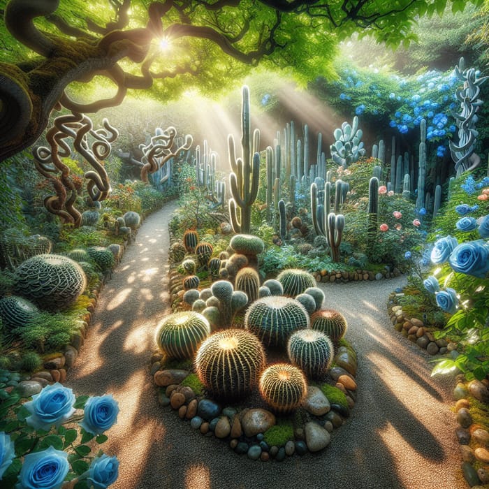 Spiral Cactus Garden with Blue Roses | Unique Floral Oasis