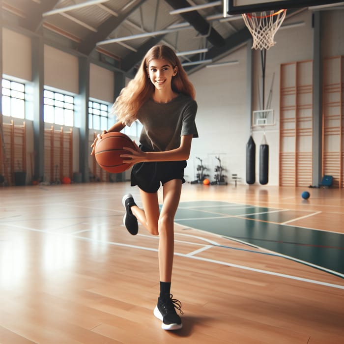 Smiling Blonde Girl Playing Basketball in Gym