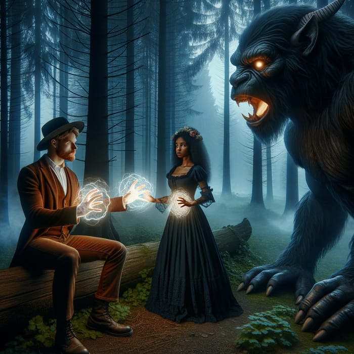 Magical Woodland Encounter: Supernatural Man and Ordinary Woman Facing Colossal Beast