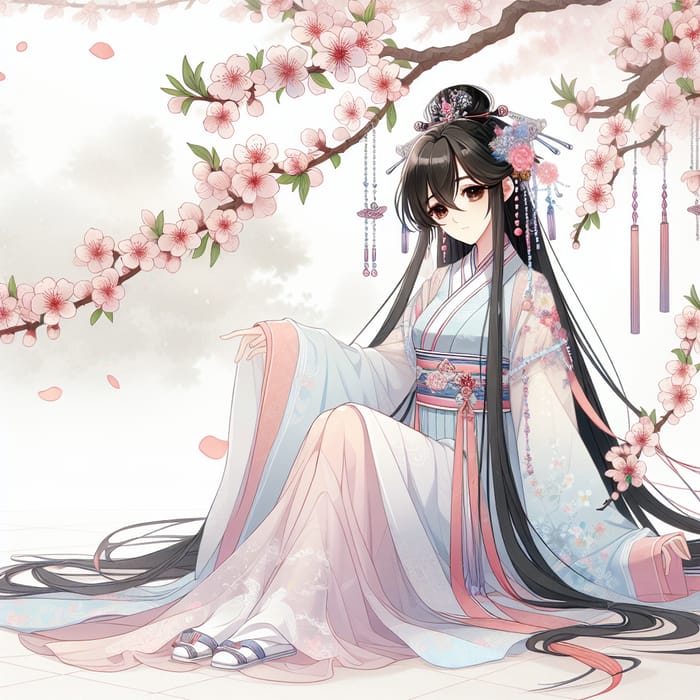 Anime Style Chinese Girl Sitting Under Peach Tree