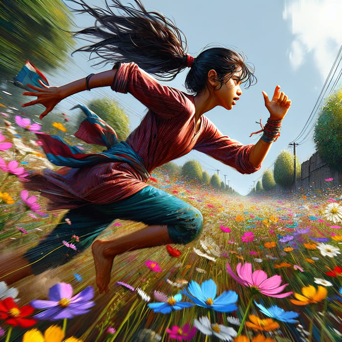 Energetic Girl Running in Colorful Field with Vibrant Hues