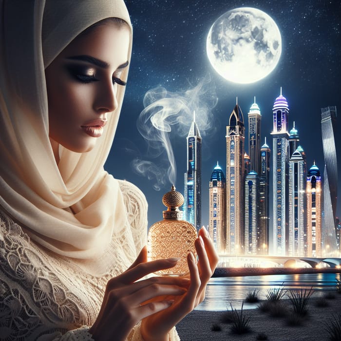 Beautiful Arab Woman Sprinkling Perfume Under Dubai Night Sky