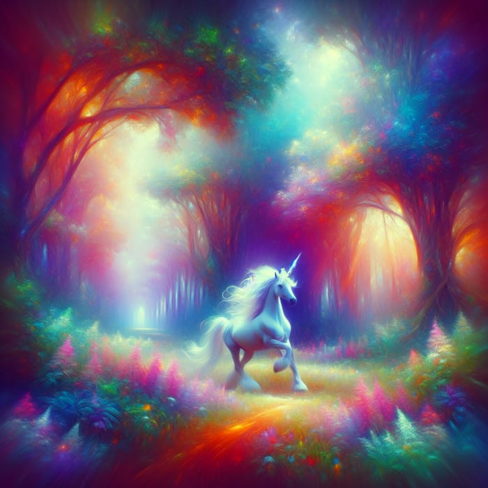 Enchanting Unicorn Galloping Amidst Mystical Forest - Fantasy Art