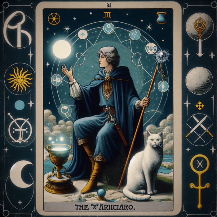 The Magician Tarot Card with Mystical White Cat