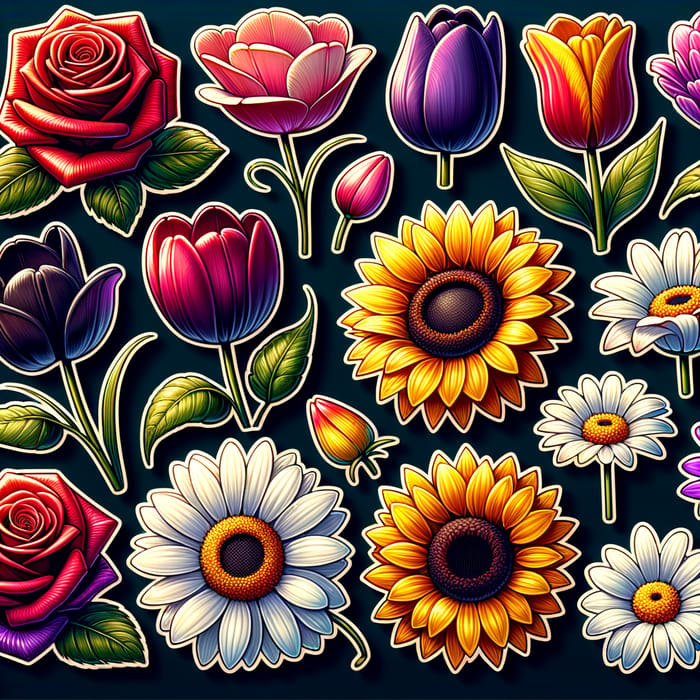 Vivid Flower Stickers - Beautiful Rose, Tulip, Sunflower & Daisy Set