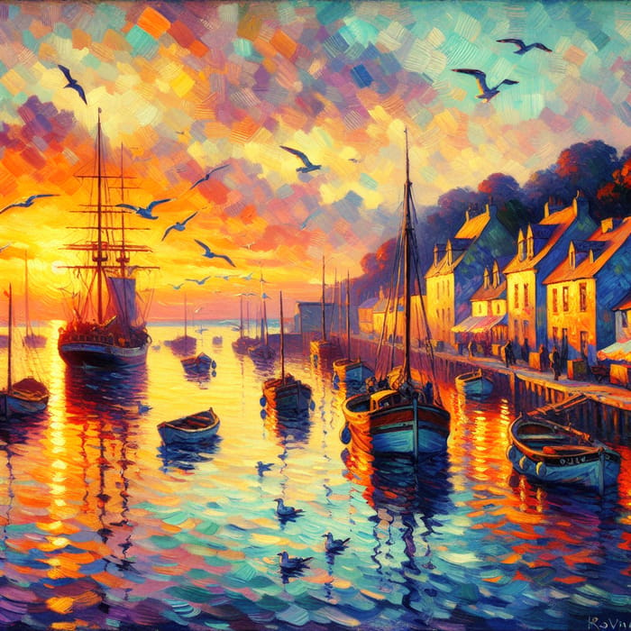 Beautiful Harbor Sunset: Vibrant Impressionism Scene
