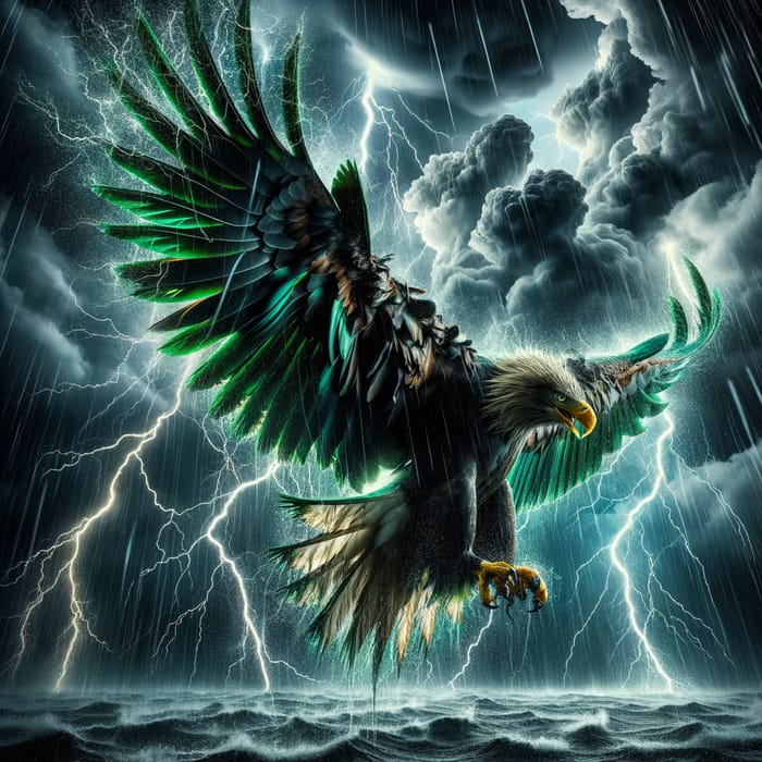 Majestic Muscular Green Eagle Soaring Through Thunderstorm