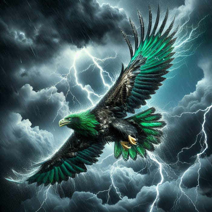 Green Eagle Soaring in Thunderstorm