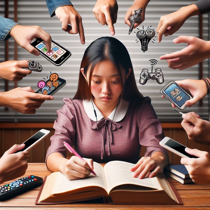 Asian Girl Prioritizing Studies Amid Tempting Distracting Hands