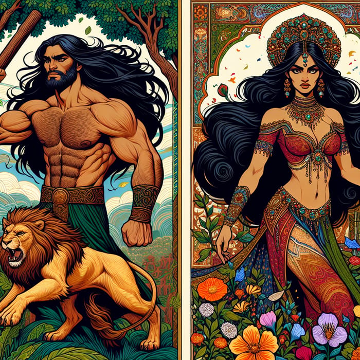 Colorful Illustration of Hercules and Delilah from Mythology