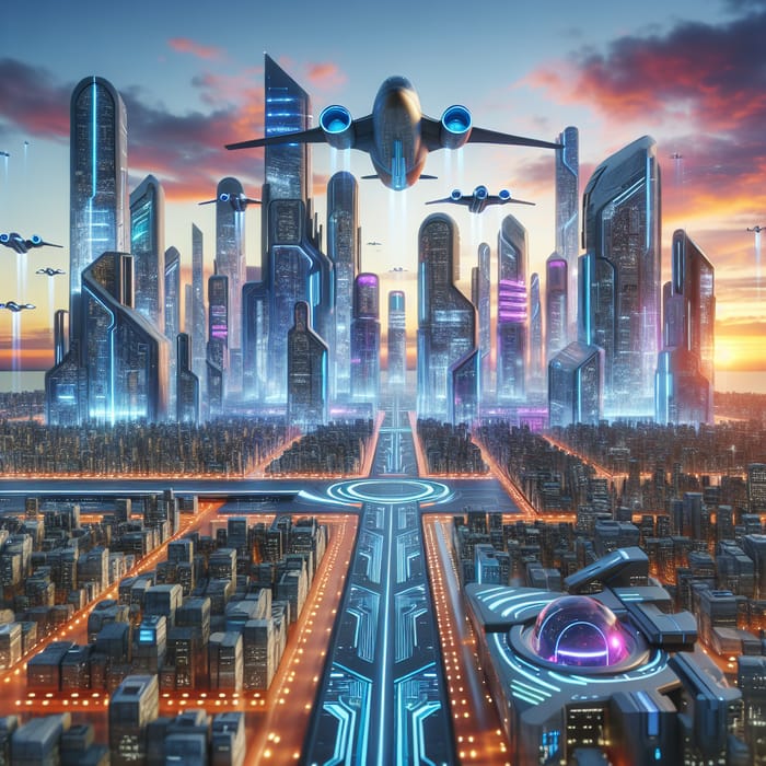 Futuristic Aeroplanes in 3024 Cityscape