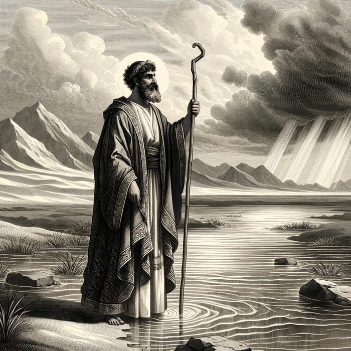 Moses in Traditional Middle-Eastern Attire at Water's Edge