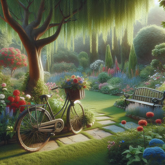 Tranquil Garden with Vintage Bicycle and Colorful Flora
