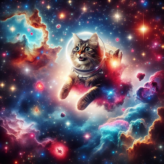 Mischievous Cat Floating in Vibrant Cosmic Space