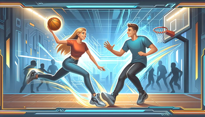 Futuristic Basketball Game with Happy Young Couple