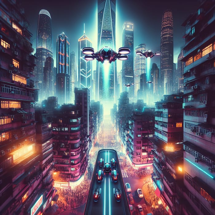 Neon Cyberpunk Cityscape with Flying Cars and Dramatic Lighting