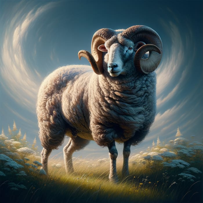 Majestic Ram in Meadow with Curly Horns | Wildlife Art