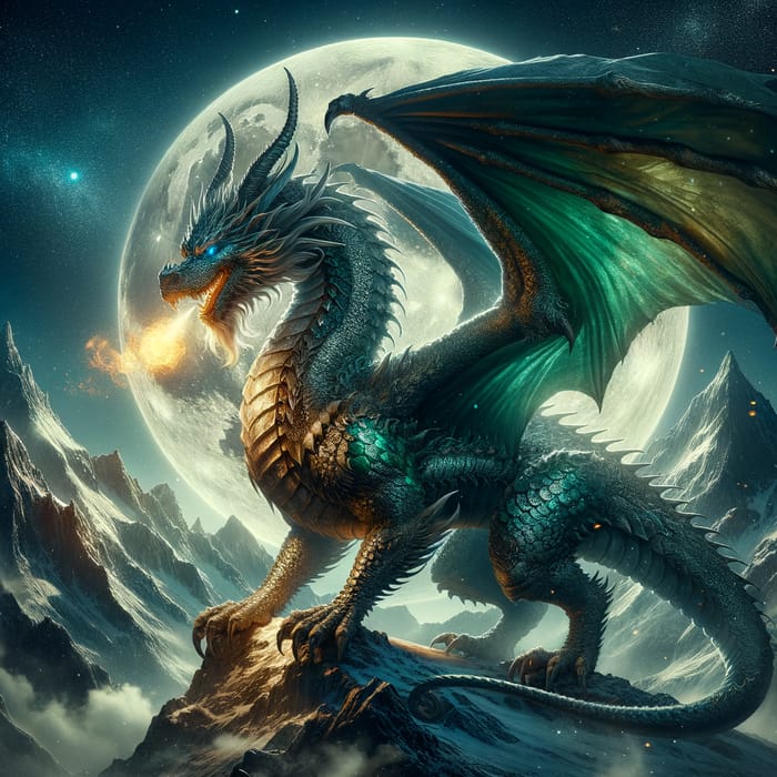 Majestic Dragon on Moonlit Mountain Peak | Enchanting Image of a Noble Beast