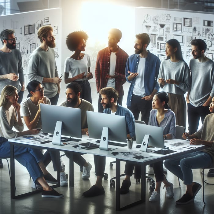 Diverse Group of Designers Engaging in Teamwork in Minimalist Workspace
