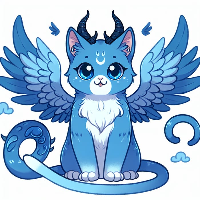 Blue Cat with Wings and Horns - Mystical Creatures