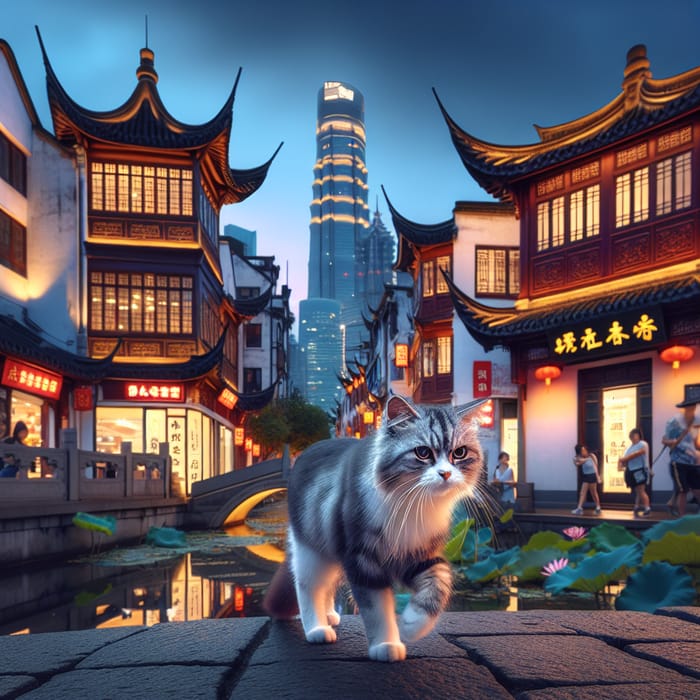 Adorable Cat Exploring Shanghai's Diverse Architecture