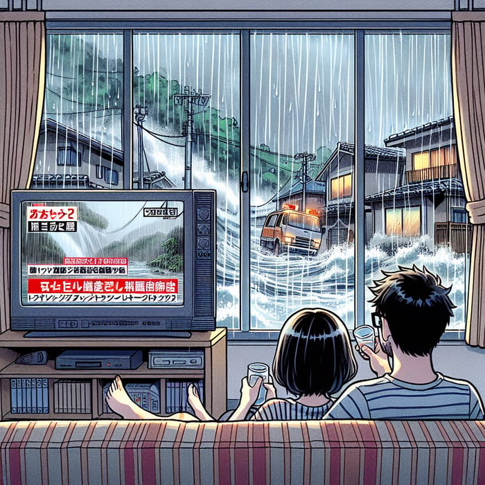 Japanese Manga Illustration: Family in Rainy Day TV Drama