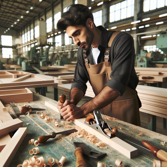 Middle-Eastern Woodworker in a Factory Crafting Timber