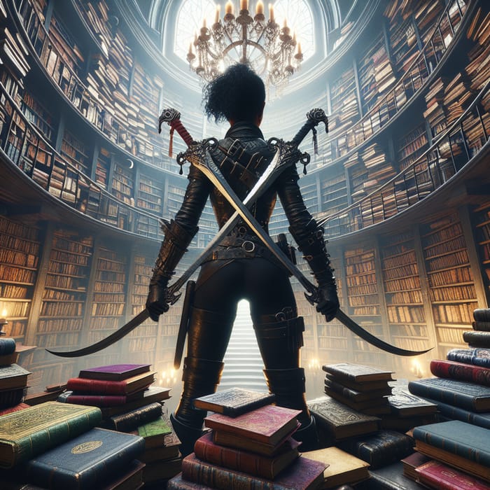 Determined Black Female Warrior in Library | Gleaming Swords & Towering Books