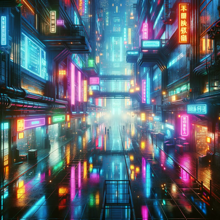 Cyberpunk Neon World with Reflective Rain