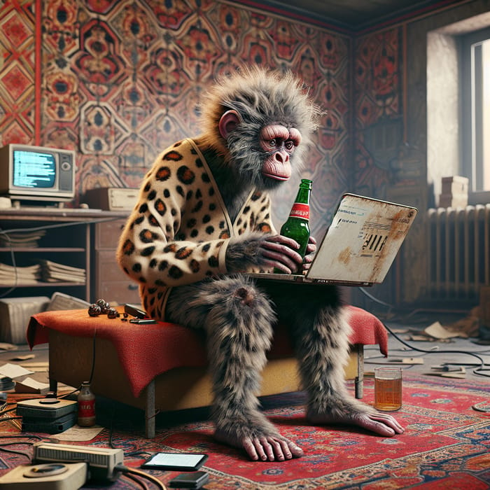 8K Hyper-Realistic Image: Spotted Monkey Programming in Soviet-Style Apartment