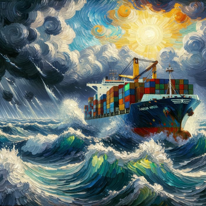Van Gogh Style Container Ship Painting in Storm | High Waves & Sun