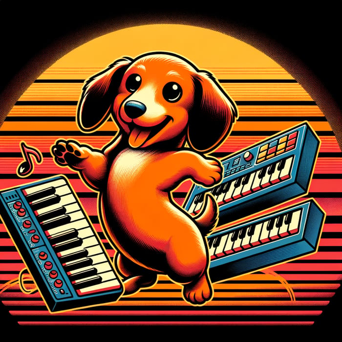 Neon 80s Dachshund Keyboard Soundboard Cartoon Illustration