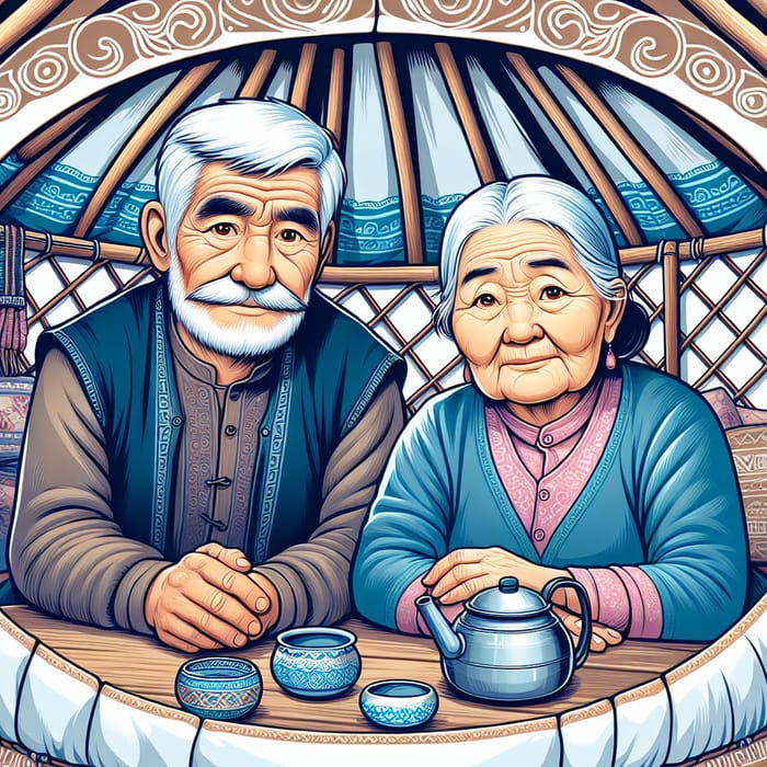 Elderly Grandparents in Traditional Yurt Cartoon