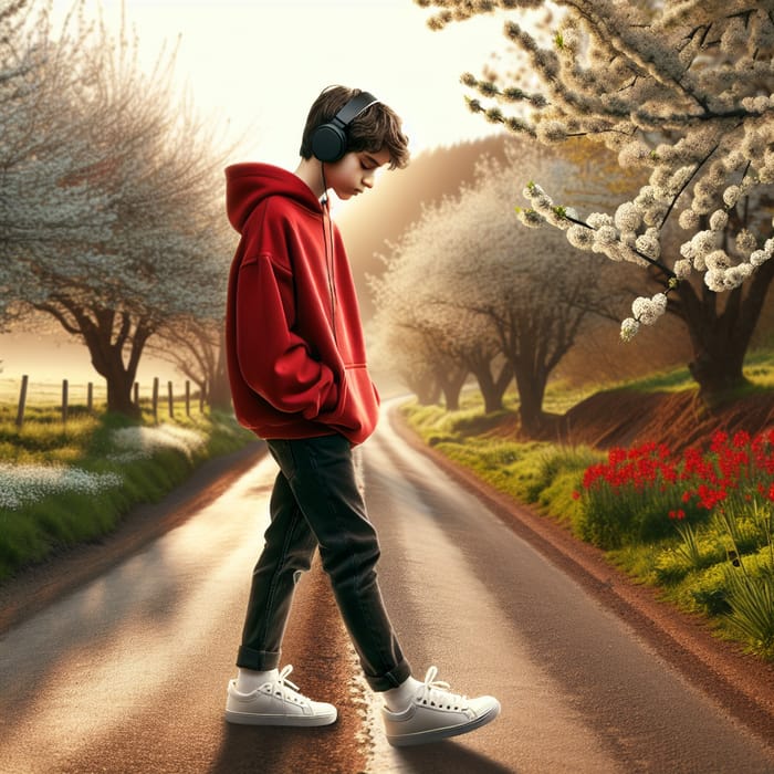 Spring Landscape: Young Boy Walking with Headphones