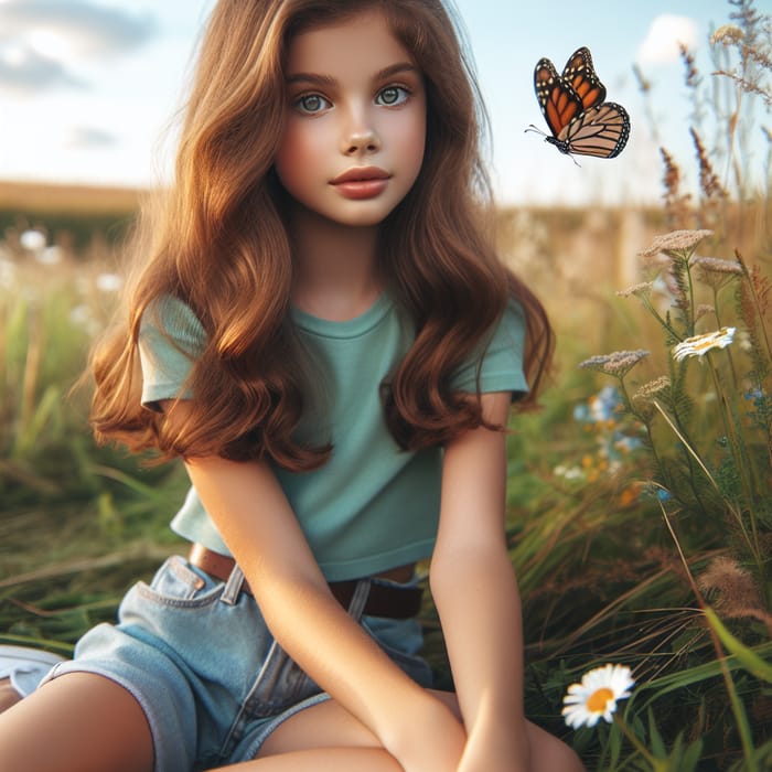 Curious Girl with Monarch Butterfly in Serene Field