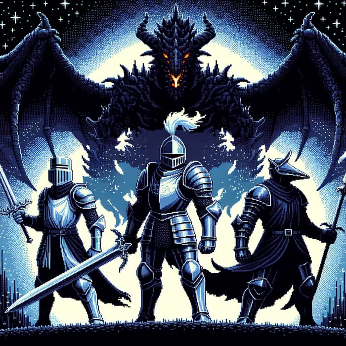 Intense Pixel Art Boss Fight: Valiant Knights Confront Mighty Black Dragon