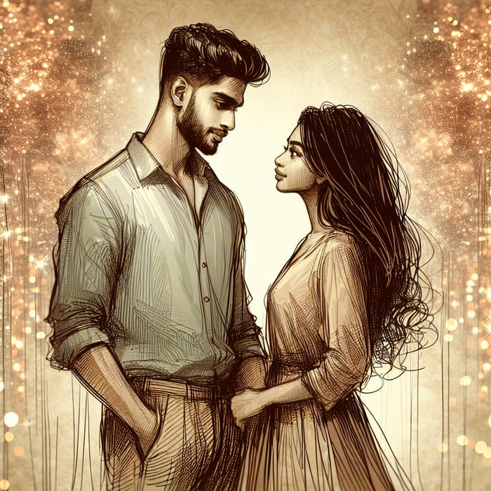 Romantic Couple Gazing Lovingly in Glittery Background Sketch