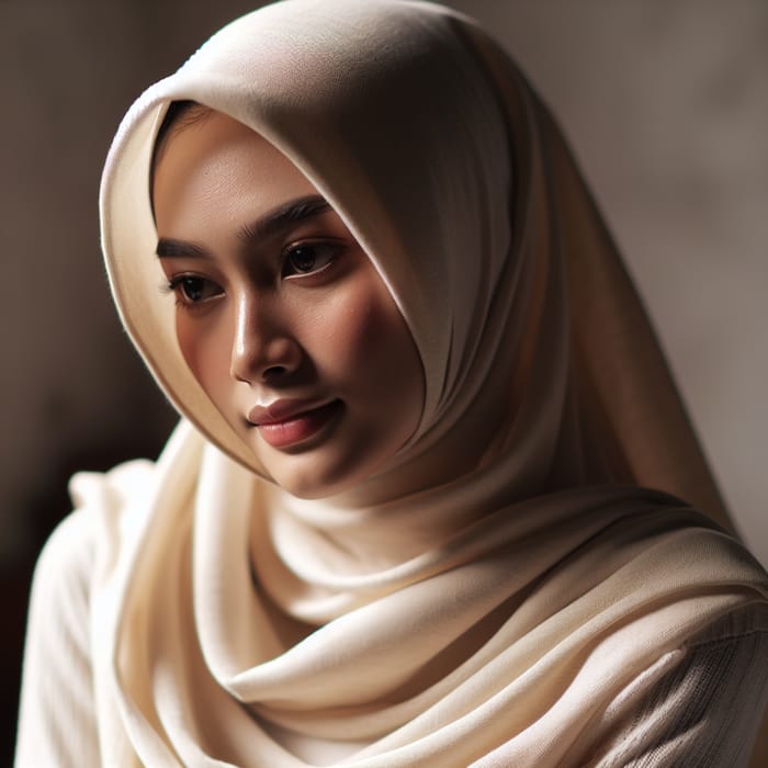 Elegant Indonesian Woman in Cream-Colored Hijab | Serene Beauty